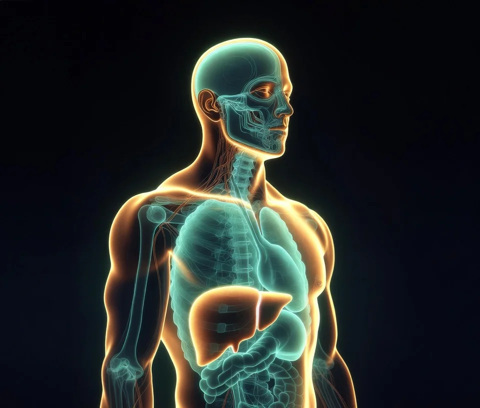 Medical illustration showing Chaga effects on antioxidant defense, immune system, liver, and inflammation