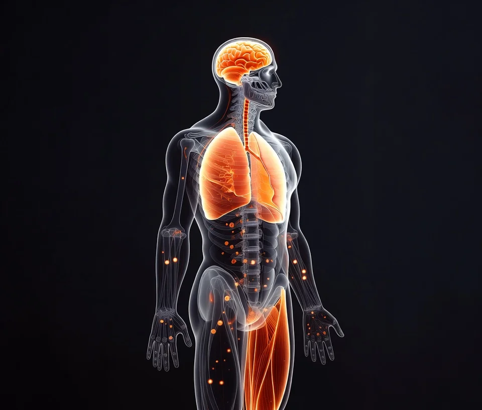 Medical illustration showing Cordyceps effects on brain, lungs, mitochondria, and muscles