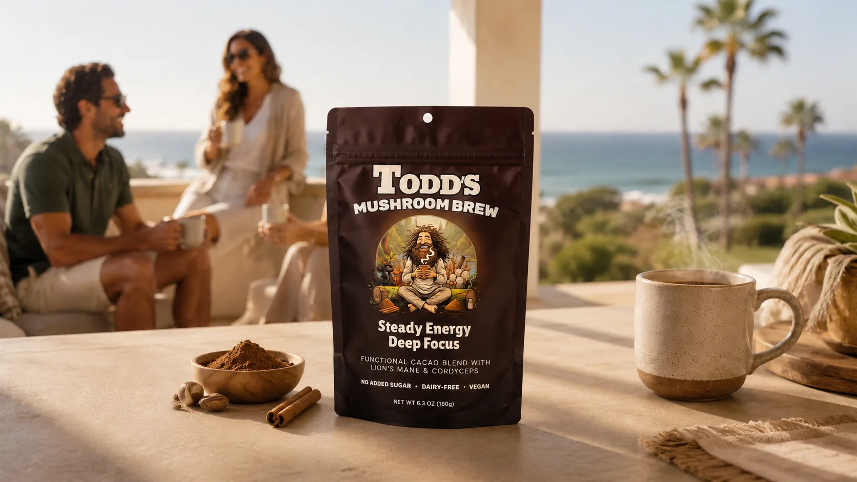 Todd's Mushroom Brew pouch on a sunlit table with cacao and a steaming mug by the coast
